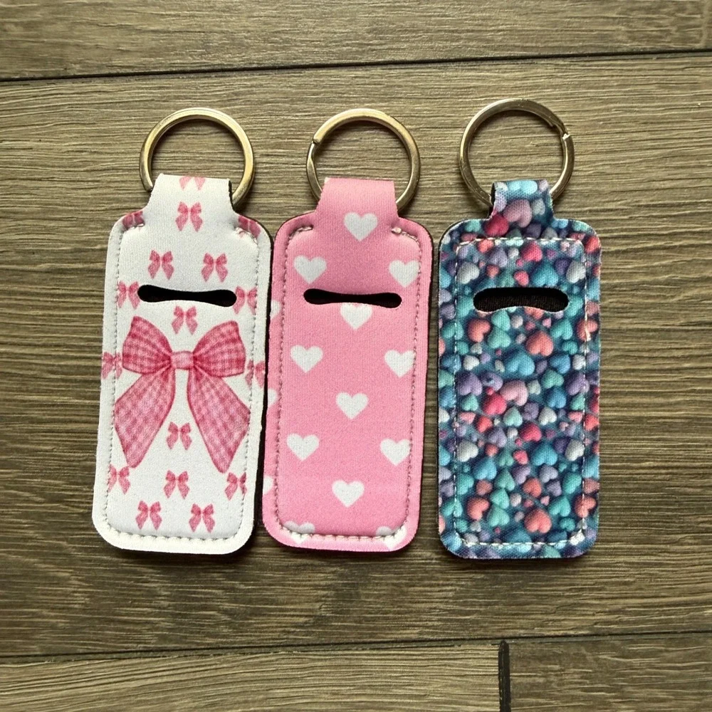 3pc Neoprene Chapstick Holder Keychain Set Pink Bows Hearts Lip Balm Sleeves - Picture 2 of 2